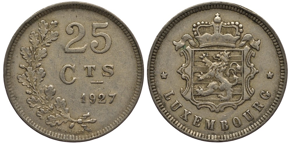ЛЮКСЕМБУРГ 25 САНТИМОВ 1927 ВЕЛИКАЯ ГЕРЦОГИНЯ ШАРЛОТТА (1919-1964) KM 37 медно-никель 4538-823