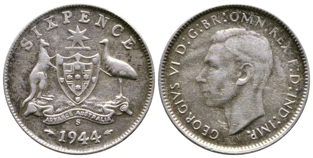 АВСТРАЛИЯ 6 ПЕНСОВ 1944 S, ГЕОРГ VI KM 38 серебро 4178-238