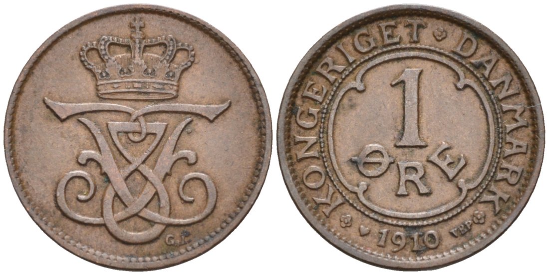 Дания 1 эре 1910 VBP; GJ, Фредерик VIII (1906-1912) KM 804 бронза 188-1236