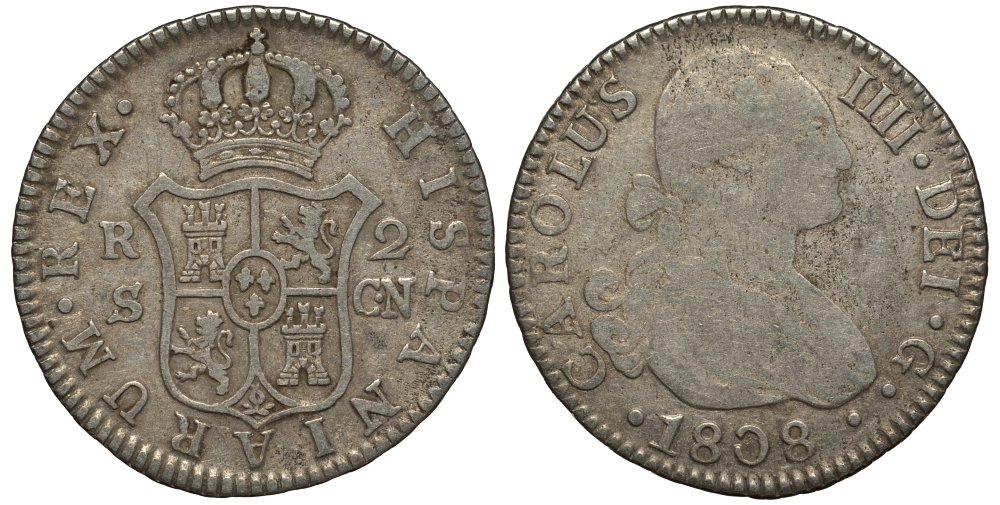 Испания 2 реала 1808 S CN, мондвор (Севилья), Карлос IIII (1788-1808) KM 430.2 ( C69.2) серебро 650-815
