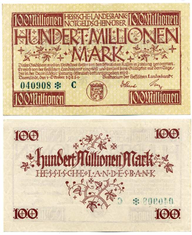ДАРМШТАДТ, ГЕРМАНИЯ 100000000 МАРОК (100 МИЛЛИОНОВ МАРОК) 1923 1 СЕНТЯБРЯ 1923, НОТГЕЛЬД, ЗЕМЛЯ ГЕССЕН, НОМЕР, СНЕЖИНКА, СЕРИЯ С, ЗЕЛЁНАЯ, HESSESCHE LANDESBANK Keller 956е бумага аUNC 8613-23-2-2