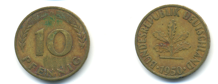 ФРГ 10 ПФЕННИГОВ 1950 D KM 108, J.383 сталь плакированная латунью 83-134