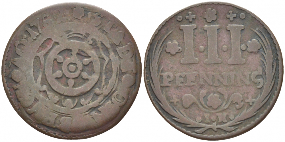 Оснабрюк 3 пфеннига 1752 Kennepohl 487 медь 175-1056