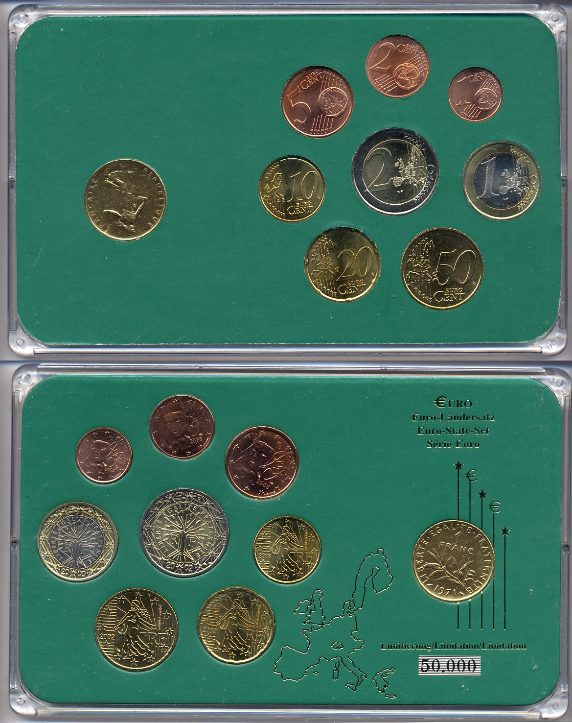 Франция евронабор от 1 евроцента до 2 евро  включает 1 франк 1971, планшет  биметалл, медно-никель  UNC  3-6-5-08