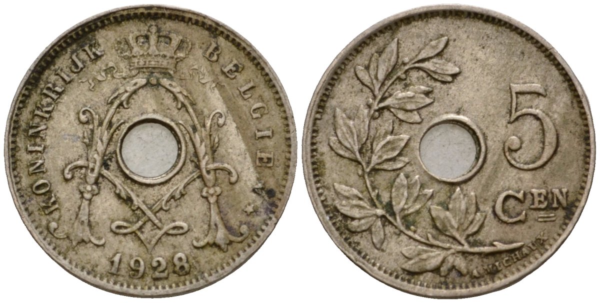 Бельгия 5 сантимов 1928 Belgique KM 66 медно-никель 4551-657