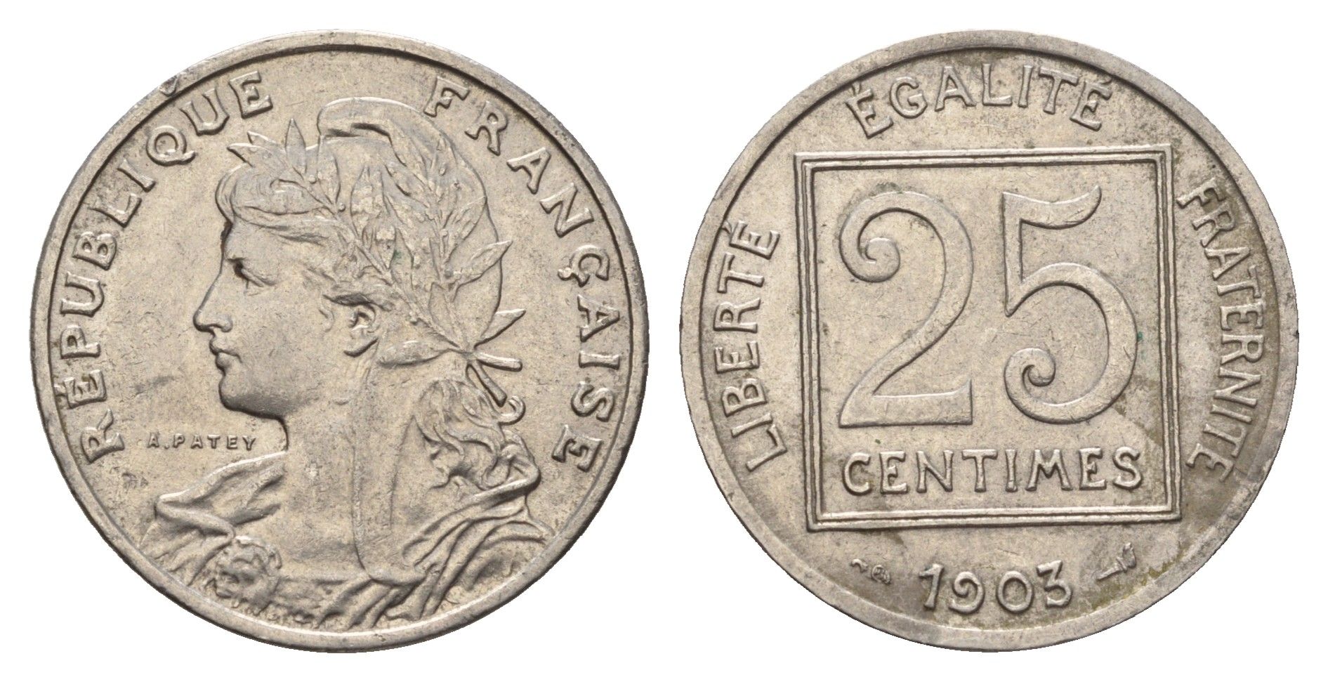 Франция 25 сантимов 1903 год-тип KM 855 никель 3856-154