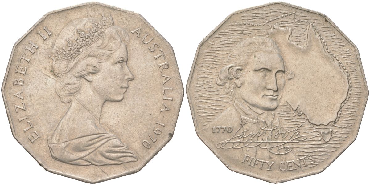 Австралия 50 центов 1970 200 лет австралийскому путешествию капитана Кука KM 69 медно-никель UNC 4512-1241