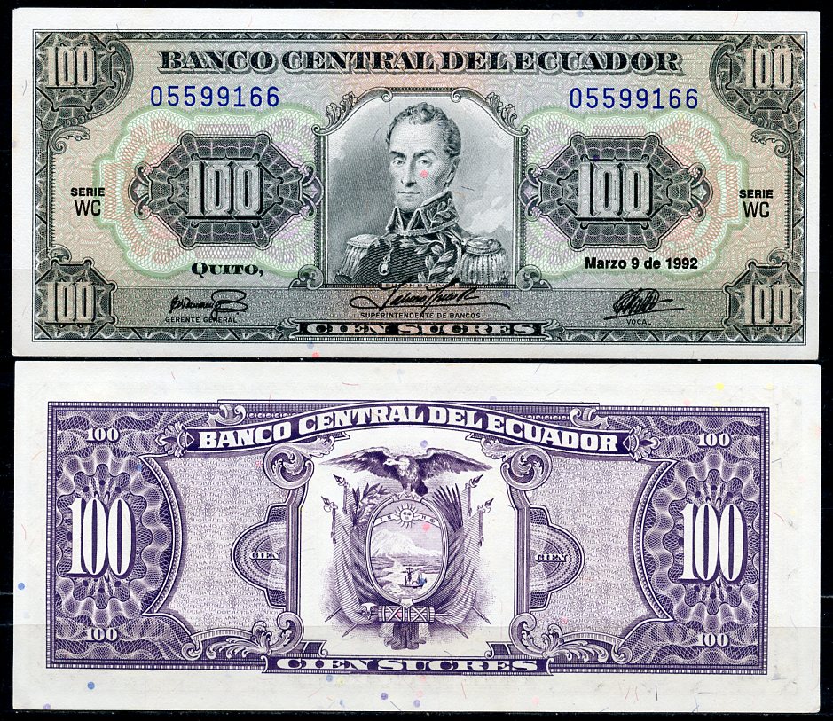 Эквадор 100 сукре 1992 Симон Боливар, 9 марта, серия WB Pick 123А b (1992 (2))  бумага  UNC (пресс) 447-125-1