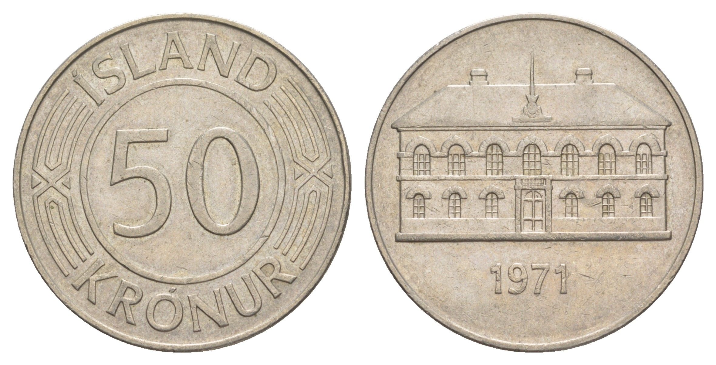 Исландия 50 крон 1971 здание парламента в Рейкьявике KM 19 медно-никель 4645-442