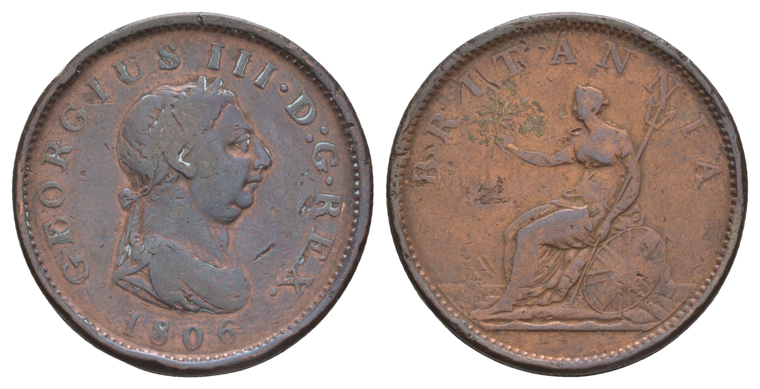 Великобритания 1 пенни 1806 Георг III (1760-1820) KM 663, Spink 3780 медь 1519-334