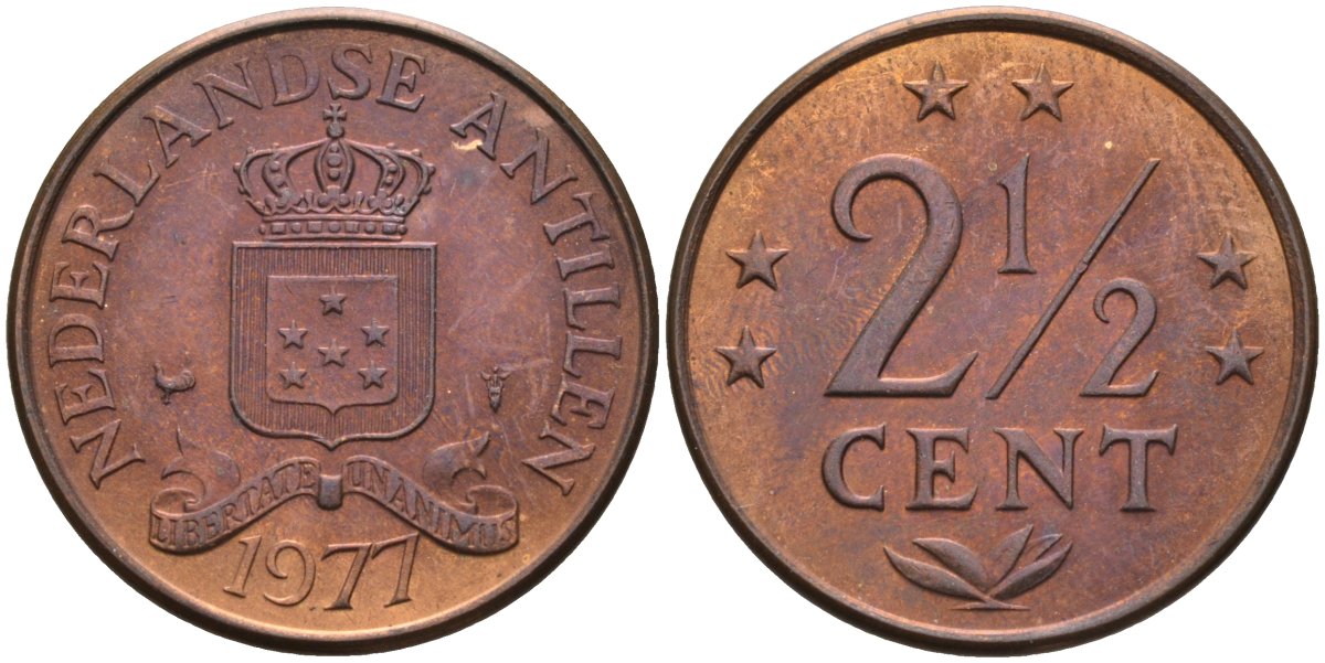 Нидерландские Антилы 2 1/2 цента 1977 Юлиана (1948-1980) KM 9 бронза 4586-753