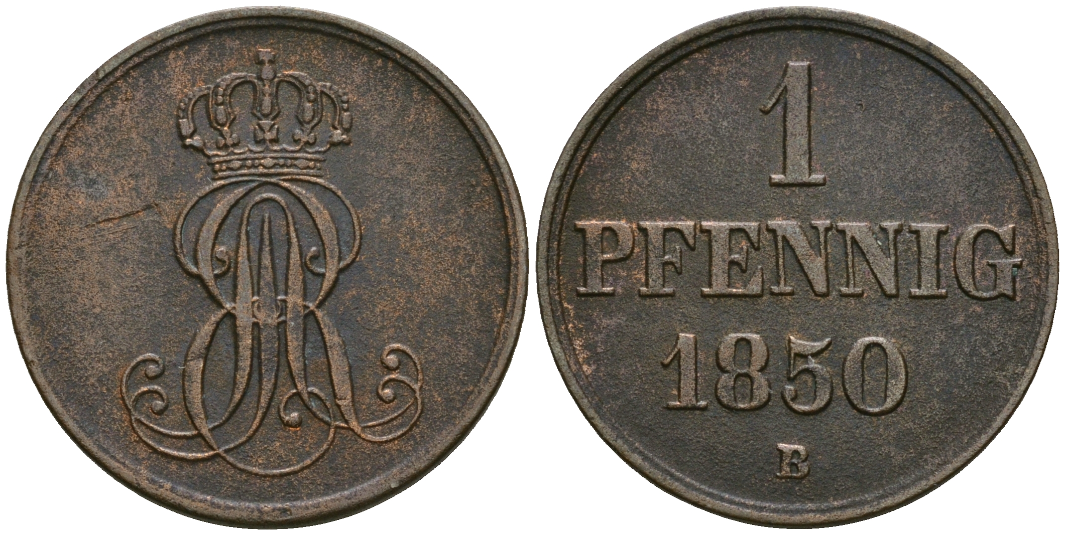 Ганновер 1 пфенниг 1850 B, Эрнст Август (1837-1851) KM 201.1, AKS 129, J. 74 медь 4608-1057