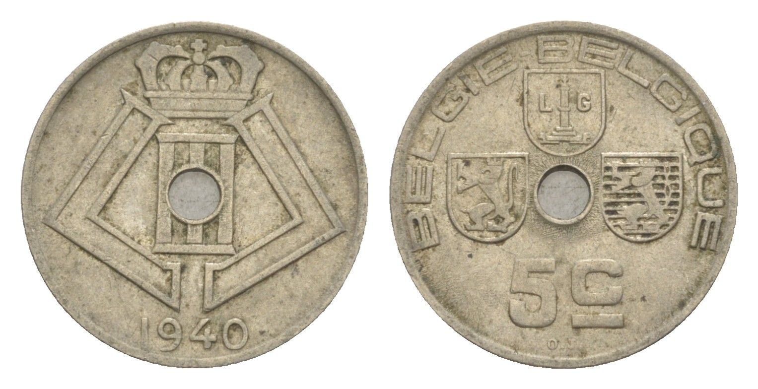 Бельгия 5 сантимов 1940 Belgie - Belgique, Леопольд III (1934-1947) KM 111 никель латунь 4640-1053