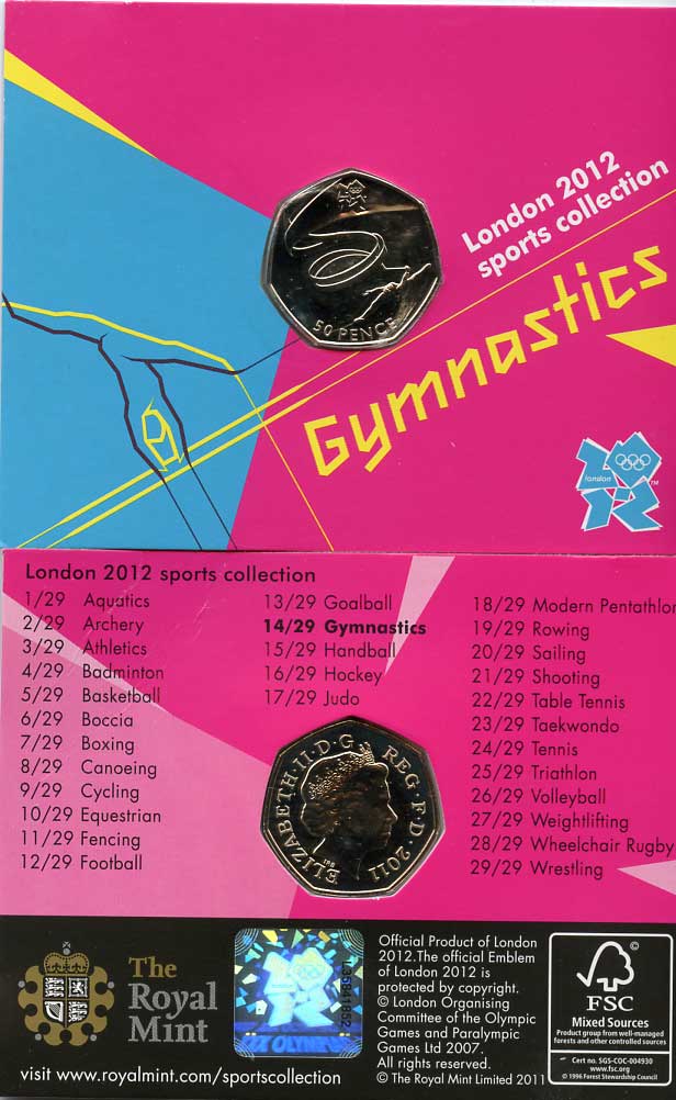 Великобритания 50 пенсов 2011 XXX летние Олимпийские игры в Лондоне в 2012 году, гимнастика, в оригинальном картонном буклете, с Олимпийской голограммой (14/29) KM 1170 медно-никель  UNC  3-6-6-06
