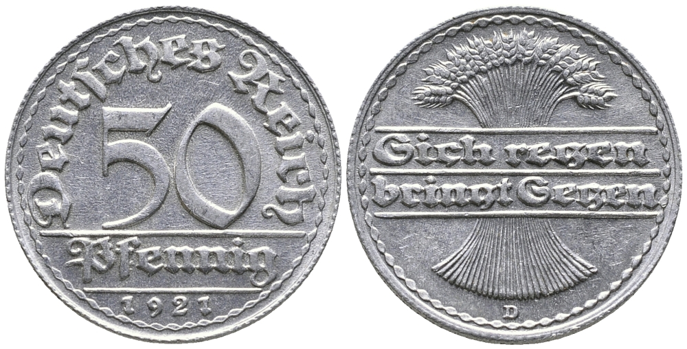 ГЕРМАНИЯ 50 ПФЕННИГОВ 1921 D KM 27, J. 301 алюминий 24-1016