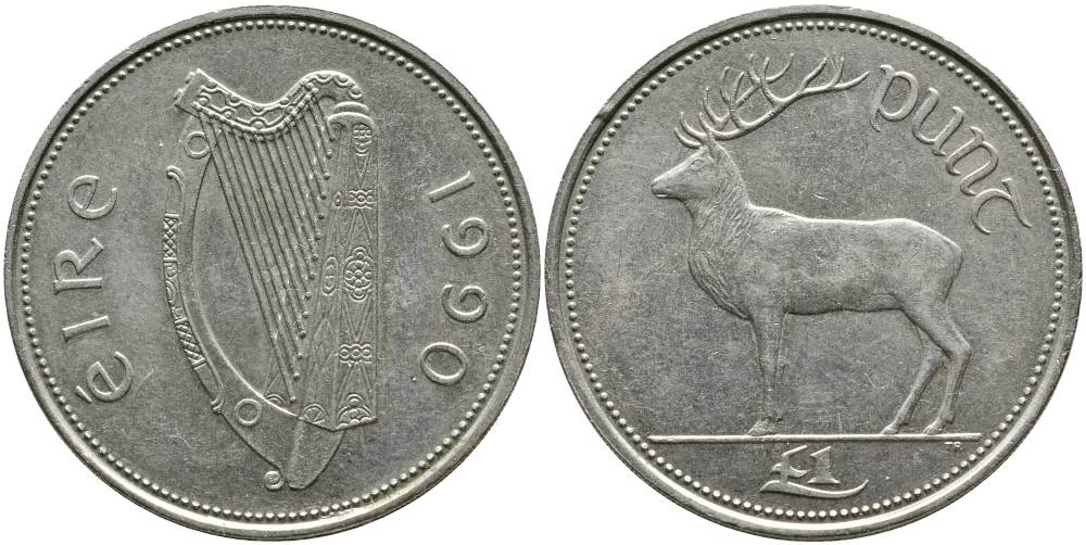 ИРЛАНДИЯ 1 ФУНТ 1990 ОЛЕНЬ KM 27 медно-никель 4531-811