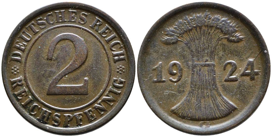 ГЕРМАНИЯ 2 РЕЙХСПФЕННИГА 1924 G, ВЕЙМАРСКАЯ РЕСПУБЛИКА (1919-1933) KM 38, Jager 314, Weege 4 бронза 4546-831