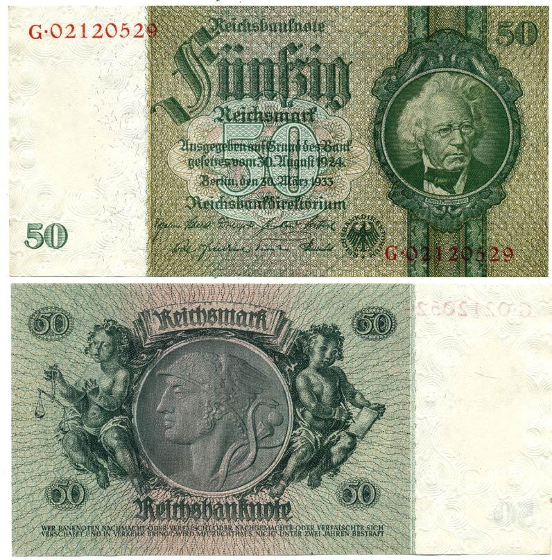 Германия 50 рейхсмарок 1933 Давид Ганземан, без серийного номера на оборотной стороне Pick 182 b бумага аUNC 7214-30-3