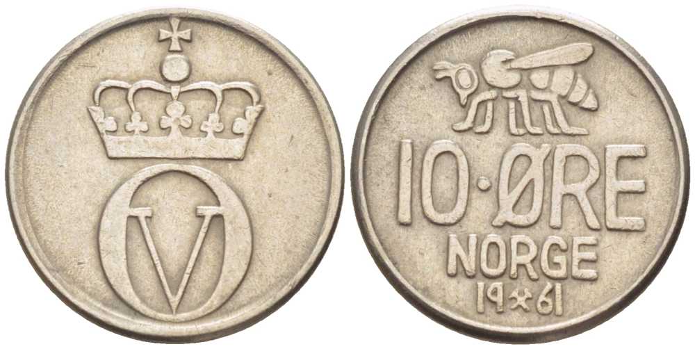 НОРВЕГИЯ 10 ЭРЕ 1961 ПЧЕЛА KM 411 медно-никель 105-747