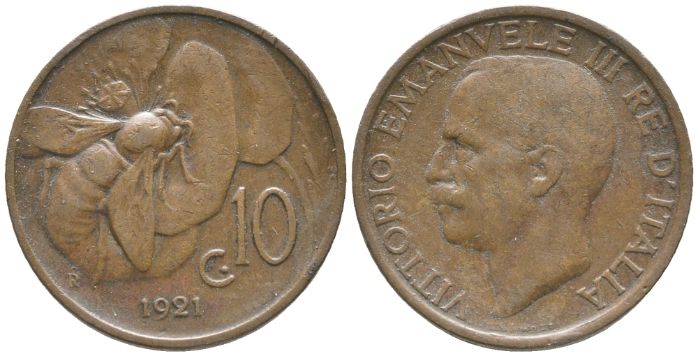 ИТАЛИЯ 10 ЧЕНТЕЗИМО 1921 R, МОНДВОР РИМ, ВИКТОР ЭММАНУИЛ III (1900-1946) KM 60 медь 34-256