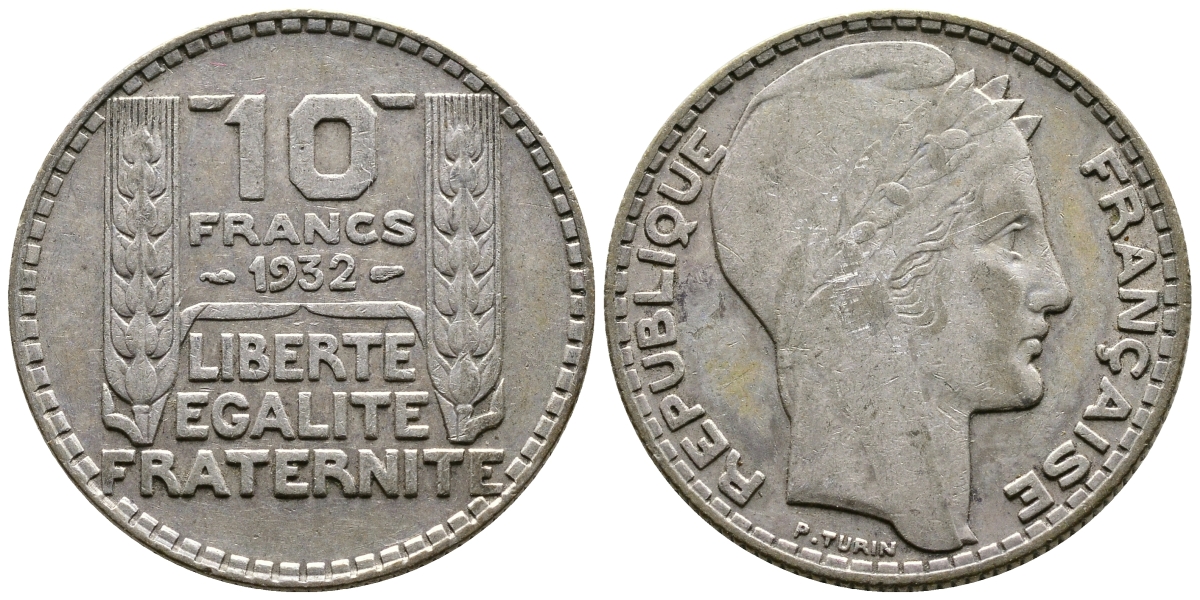 Франция 10 франков 1932 Пьер Тюрен KM 878, Le Franc 360.5 серебро 79-1534