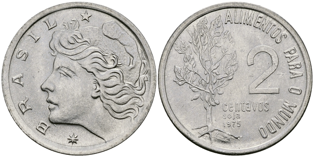 БРАЗИЛИЯ 2 СЕНТАВО 1975 FAO, ГОЛОВА СВОБОДЫ KM 586 нержавеющая сталь 3334-1242