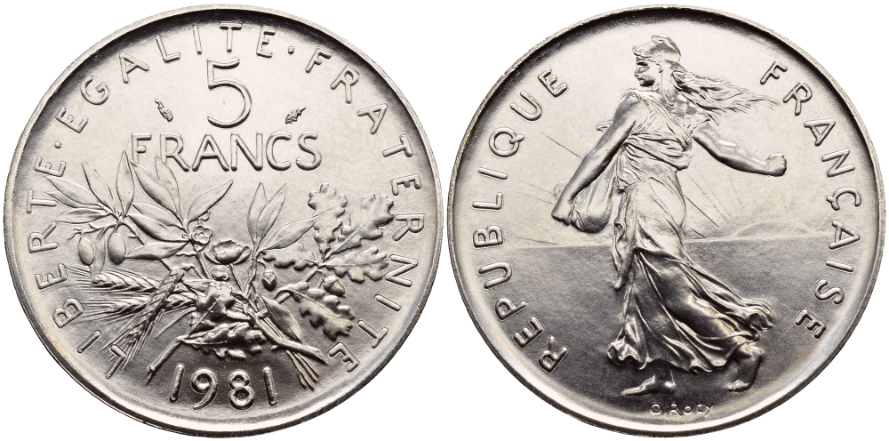 Франция 5 франков 1981 сеятель, тираж 50011 экземпляров KM 926a.1, LE FRANC 341.13 медно-никель плакированный никелем  UNC  1530-1412