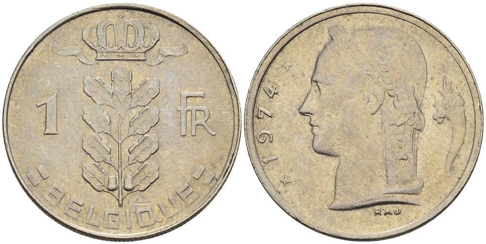Бельгия 1 франк 1974 Belgique, Бодуэн I (1951-1993) KM 142.1 медно-никель 4546-515