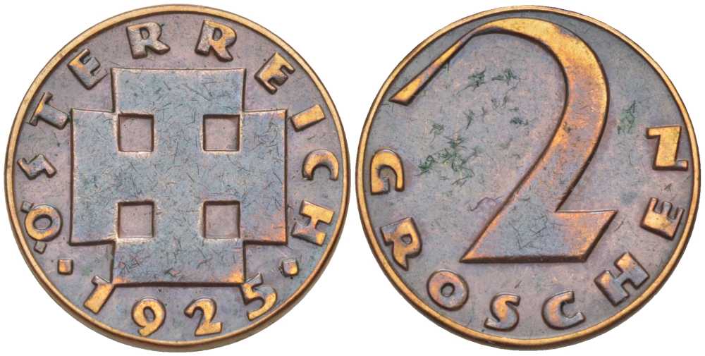 АВСТРИЯ 2 ГРОША 1925 ДОВОЕННАЯ ДЕСЯТИЧНАЯ ЧЕКАНКА KM 2837 бронза 201-169
