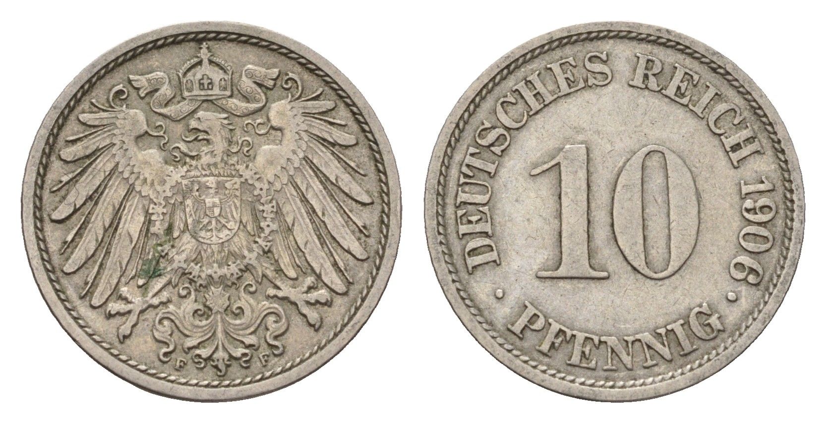 Германия 10 пфеннигов 1906 F, Вильгельм II (1888-1918) KM 12, J. 13 медно-никель 4636-857