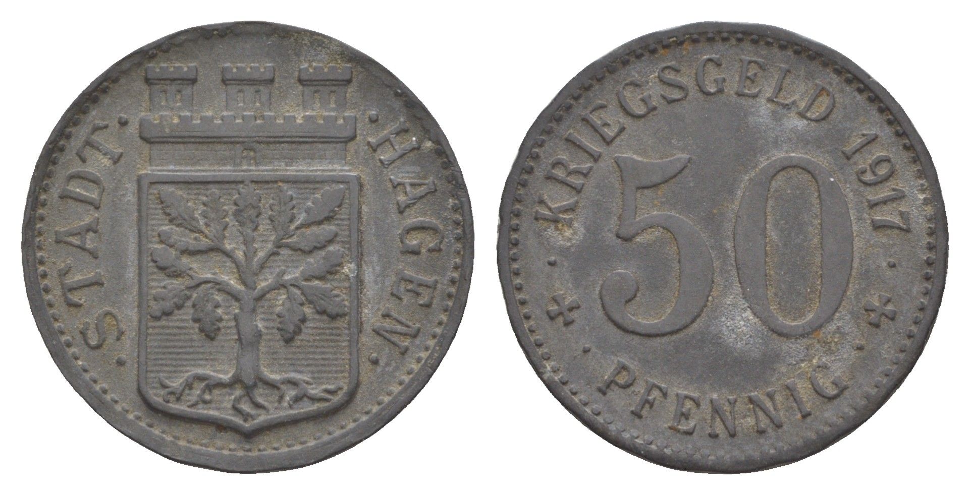 Хаген 50 пфеннигов 1917 Funck 184.2, Men05 10124.6, Men18 12615.6 цинк 4642-456