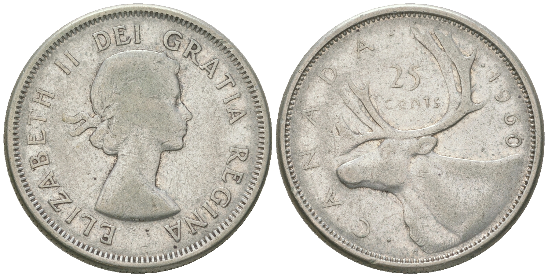 Канада 25 центов 1960 Елизавета II (1952-2022), олень KM 52 серебро 4175-436