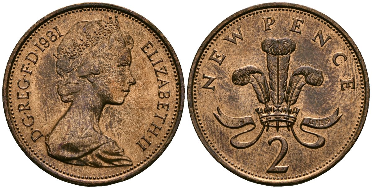 Великобритания 2 пенса 1981 Елизавета II (1952-2022) KM 916, Spink 4235 (C1) бронза 4381-1014