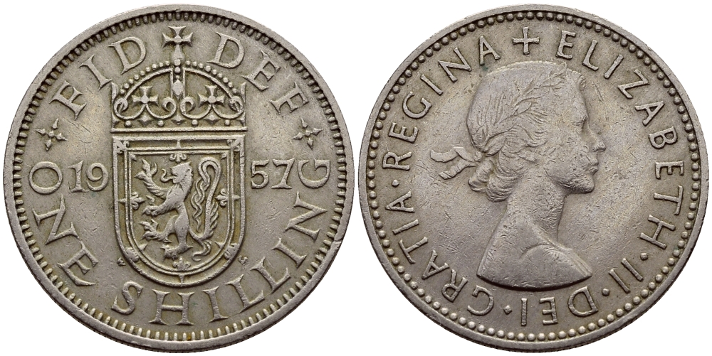 Великобритания 1 шиллинг 1957 Елизавета II (1952-2022), Шотландский герб KM 905, Spink 4148 медно-никель 75-634
