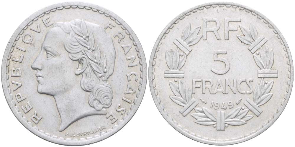 Франция 5 франков 1949 тип Лаврийе KM 888b.1, LE FRANC 339.17 алюминий 4521-322