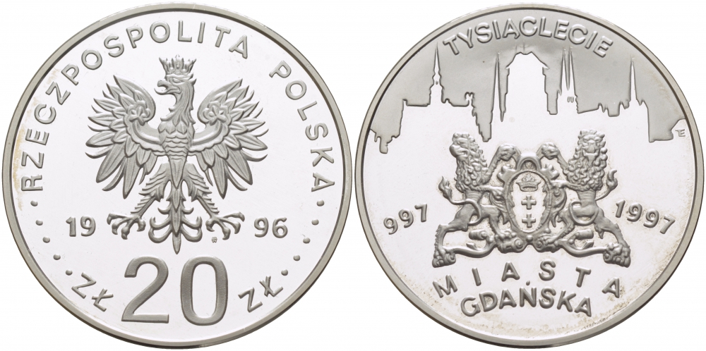 Польша 20 злотых 1996 MW, 1000 летие Гданьска KM 319 серебро PROOF 11-208-43