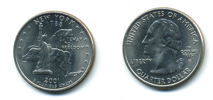 США 25 центов = квотер 2001 Р, серия штаты США, Нью-Йорк KM 318 медь плакированная медно-никелем 4388-754