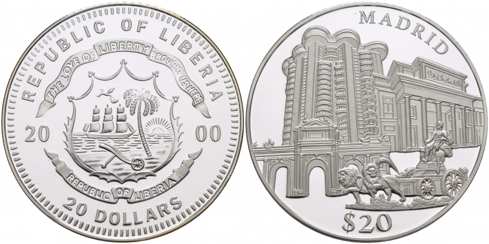 Либерия 20 долларов 2000 серия памятники архитектуры, Мадрид KM 640 серебро PROOF 01-107-34