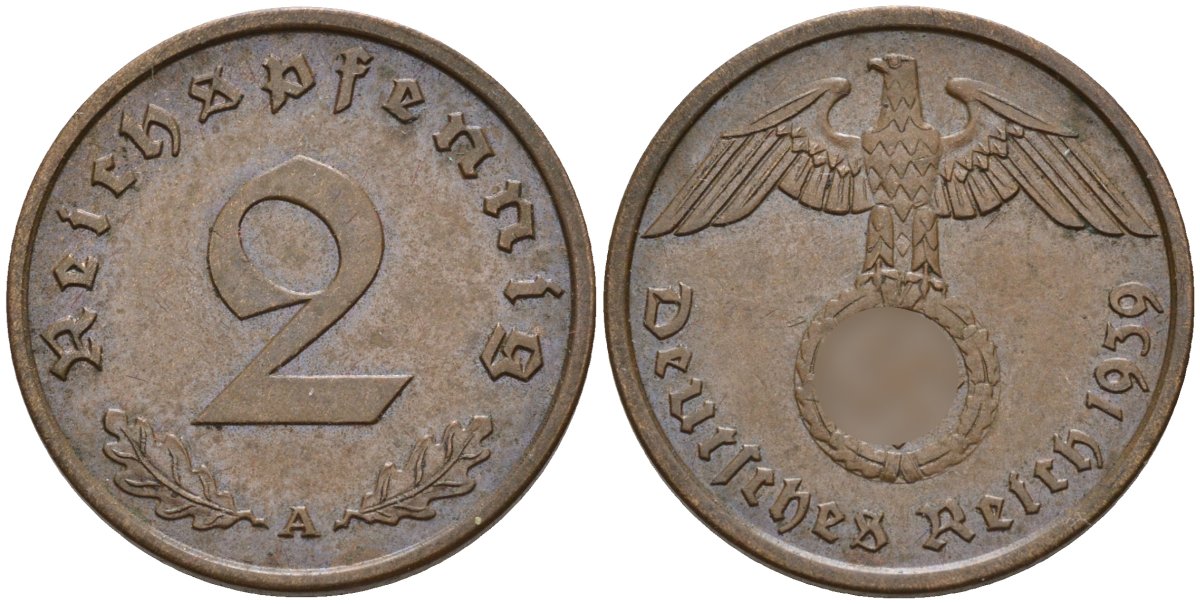 Германия 2 рейхспфеннига 1939 A KM 90, J. 362 бронза 4151-129