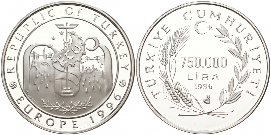 Турция 750000 лир 1996 экю, Европа 1996 KM 1046 серебро PROOF 11-039-14
