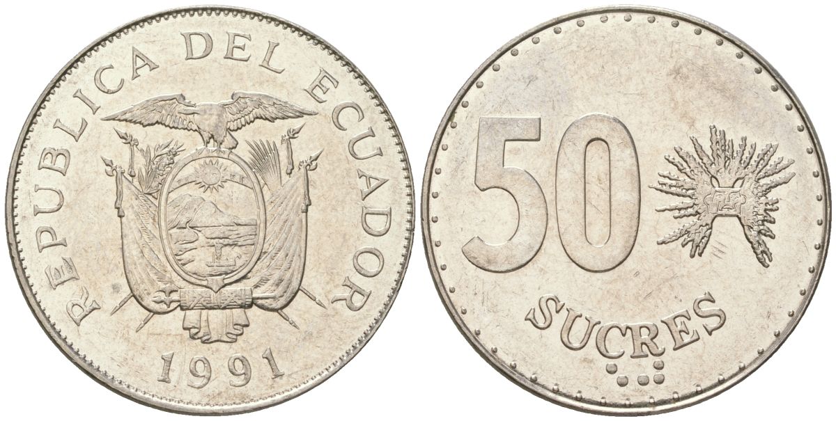 Эквадор 50 сукре 1991 KM 93 сталь плакированная никелем 4511-1155