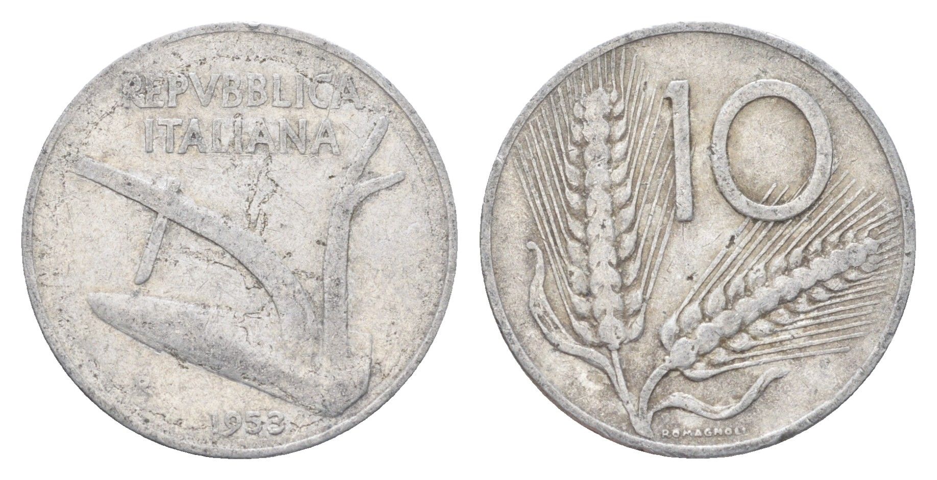 Италия 10 лир 1953 R, плуг, колосья KM 93 алюминий 4704-525