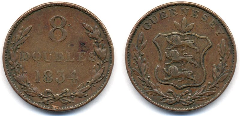 Гернси 8 даблов (дублей) 1834 KM 3 медь 650-711
