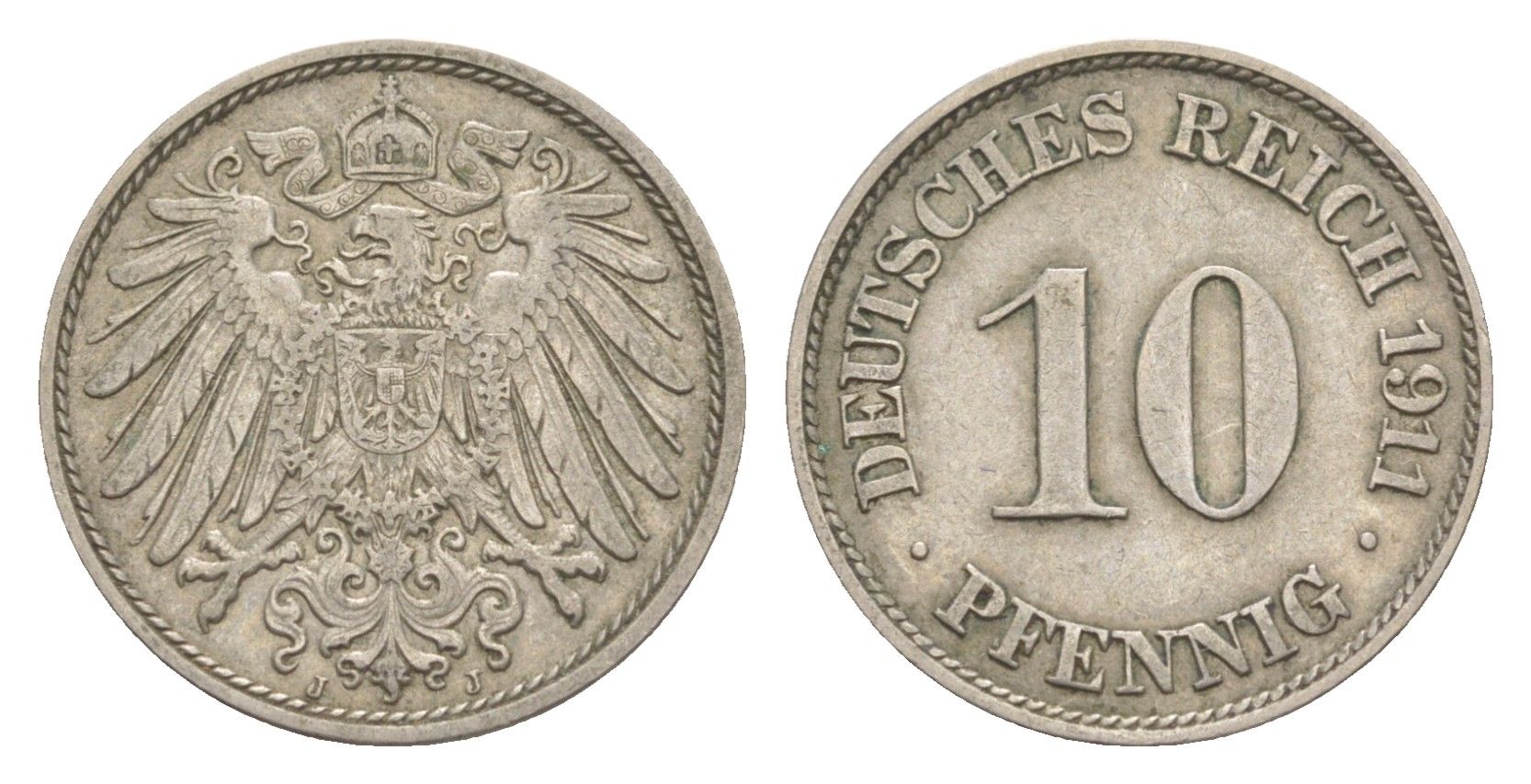Германия 10 пфеннигов 1911 J, Вильгельм II (1888-1918) KM 12, J. 13 медно-никель 4640-321