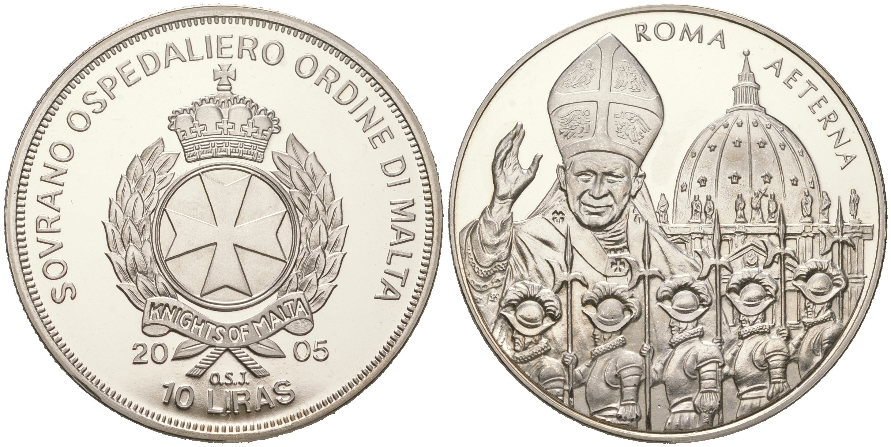 Мальтийский орден 10 лир 2005 Иоанн Павел II, гвардейцами  медно-никель  PROOF  11-207-34