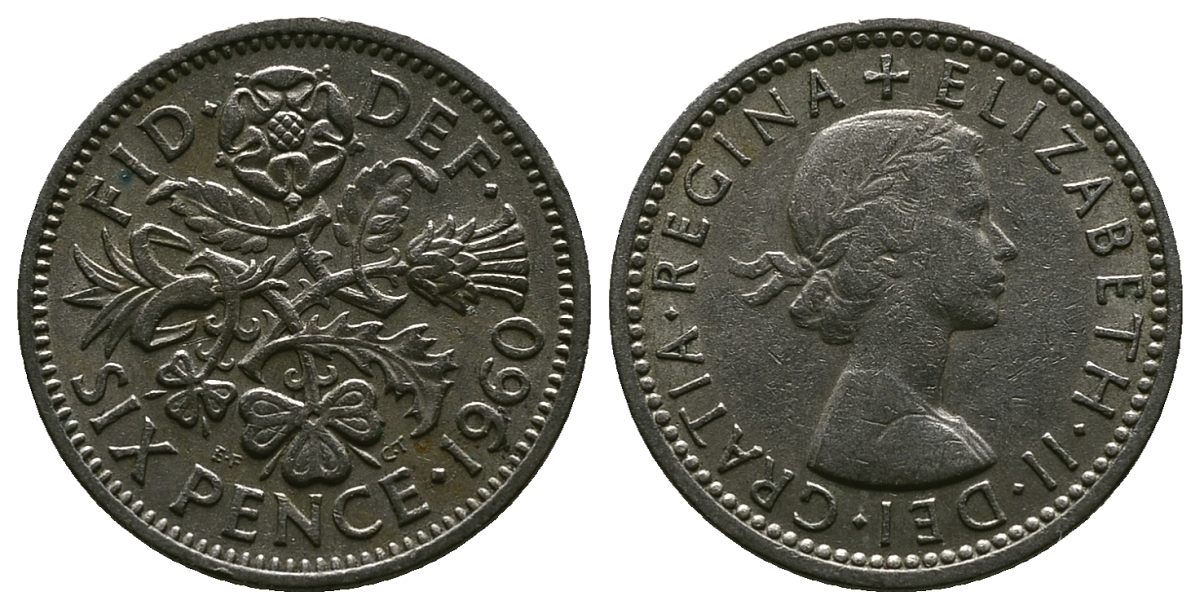 Великобритания 6 пенсов 1960 Елизавета II (1952-2022) KM 903, Spink 4149 медно-никель 4381-729