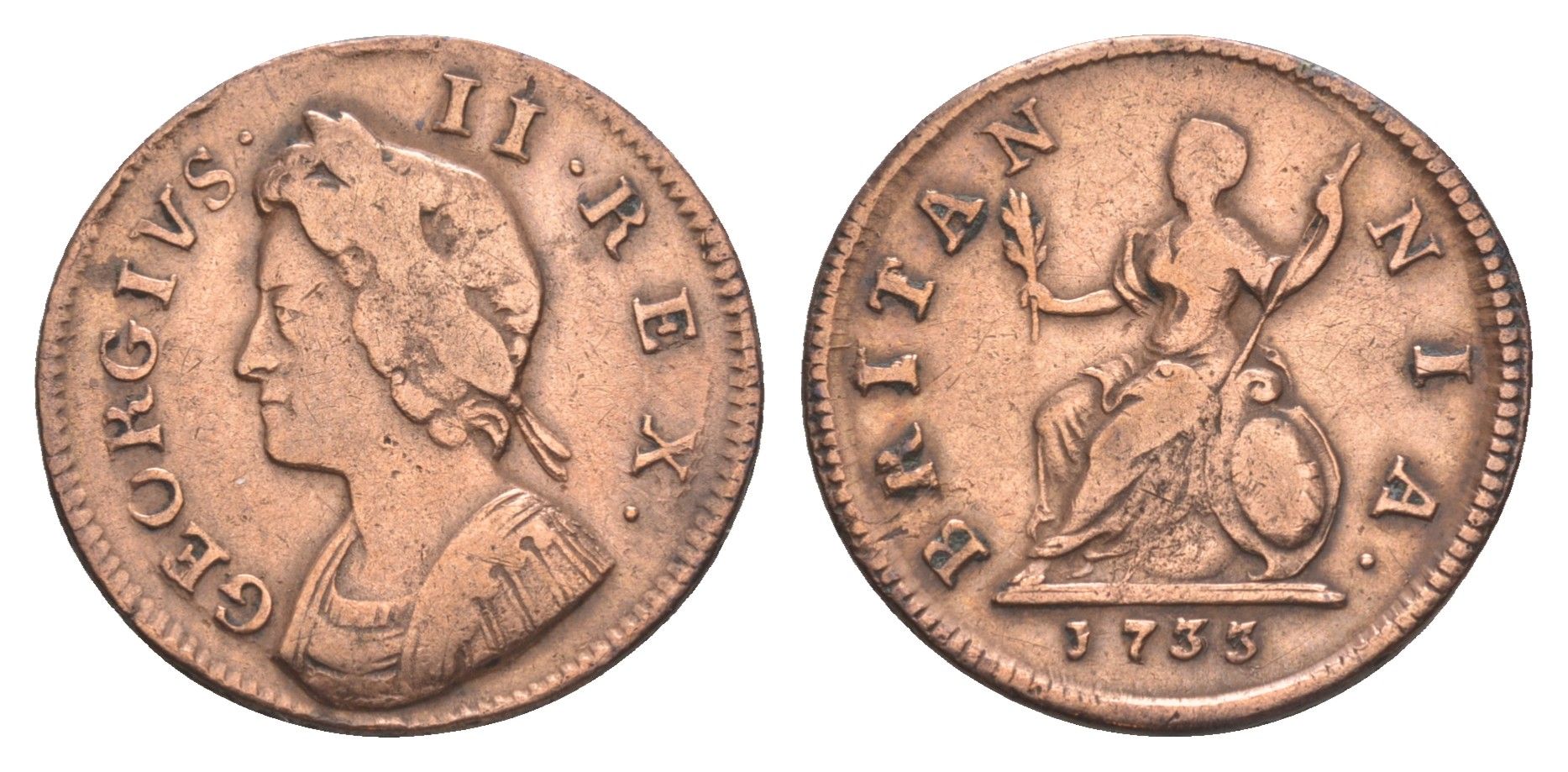 Великобритания 1 фартинг 1733 Георг II (1727-1760) KM 572, Spink 3720 медь 3711-633