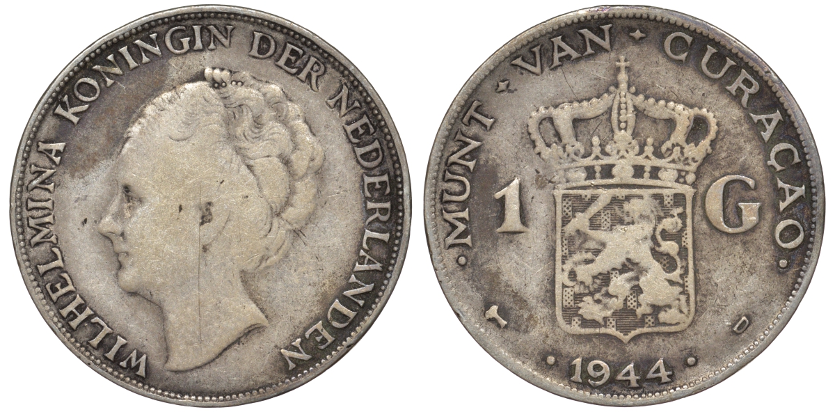 Нидерландское Кюрасао 1 гульден 1944 D, Вильгельмина (1890-1948) KM 45 серебро 36-243