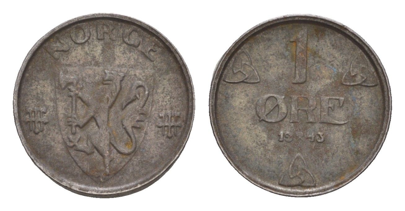 Норвегия 1 эре 1943 Хокон VII (1905-1957) KM 387 железо 4658-125