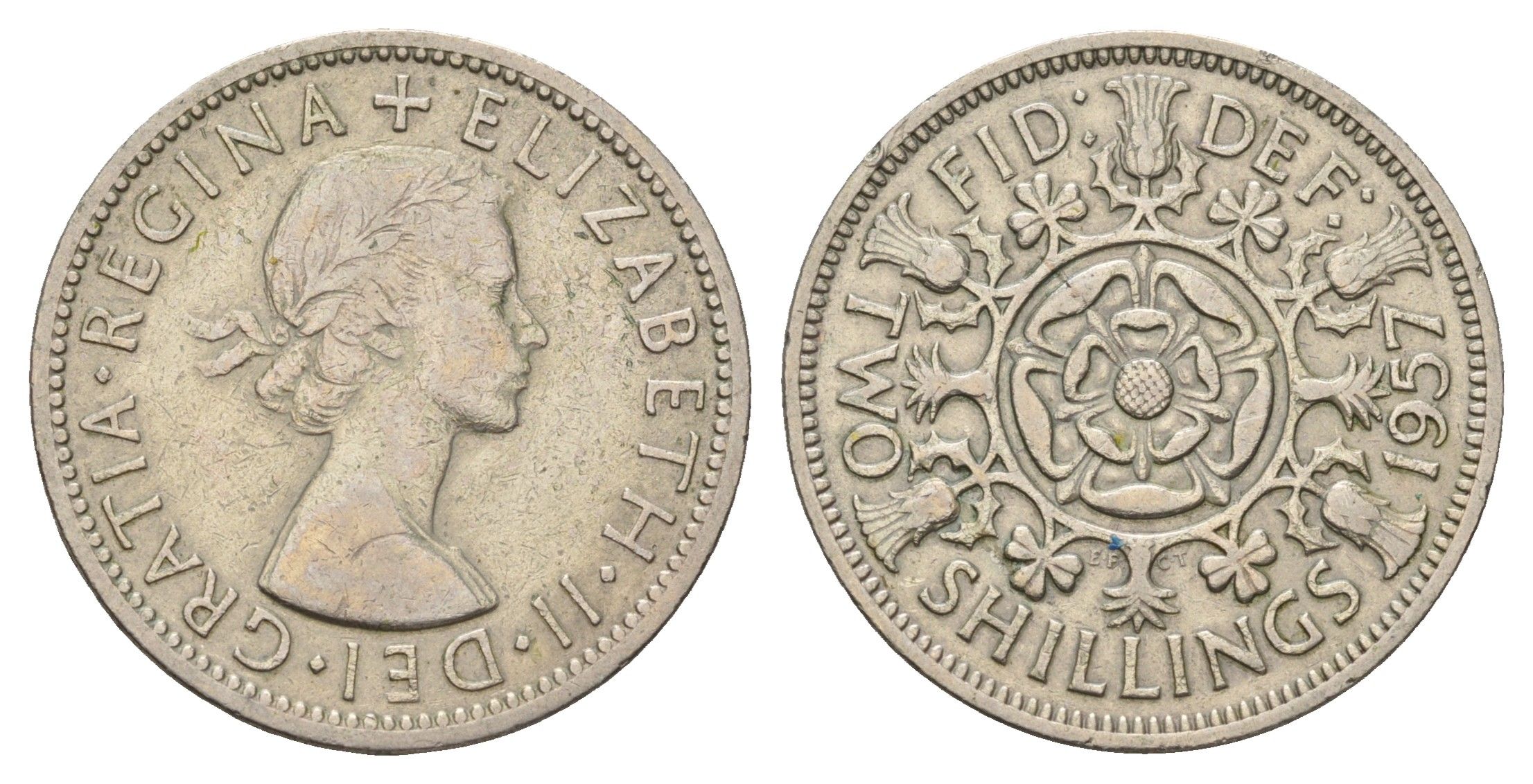 Великобритания 2 шиллинга (флорин) 1957 Елизавета II (1952-2022) KM 906, Spink 4146 медно-никель 4183-423